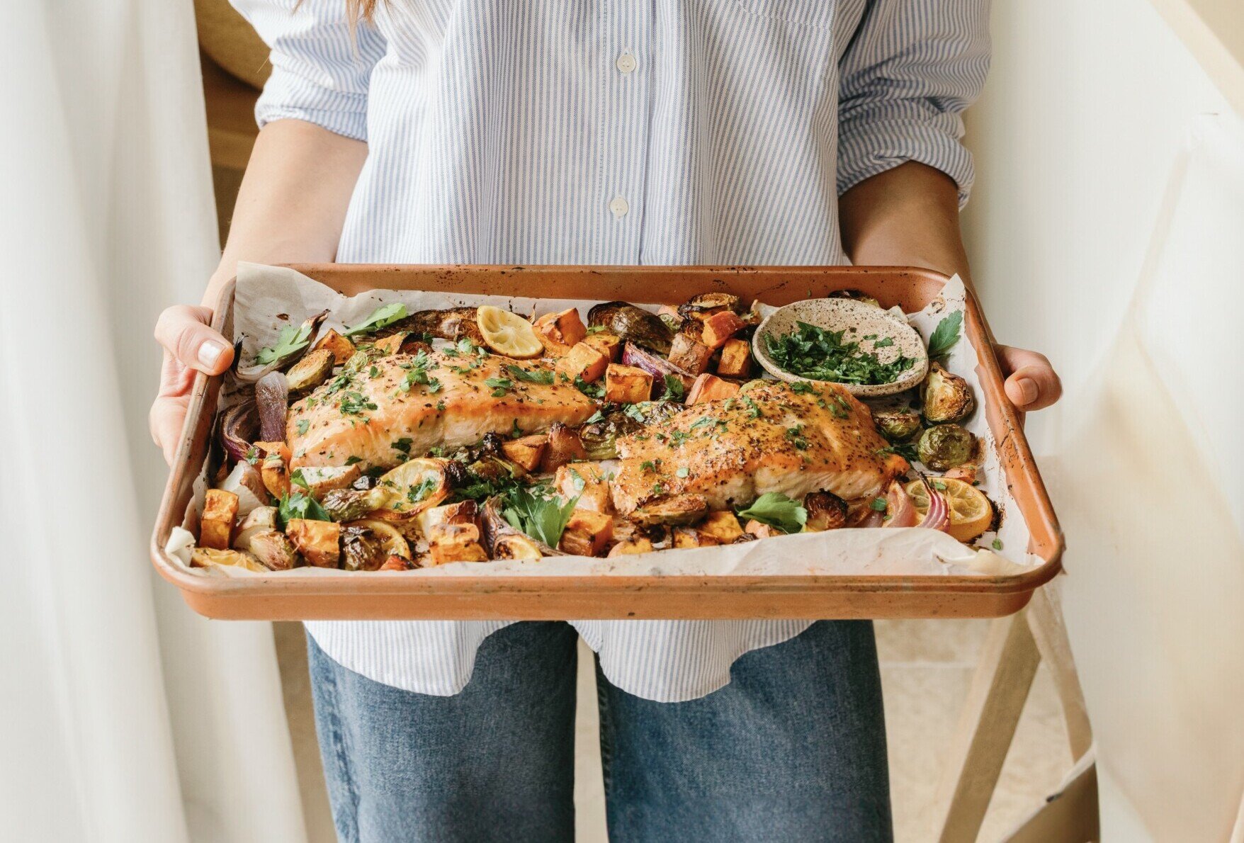 Sheet Pan Mustard Salmon and Veggies with Apple Cider French dressing